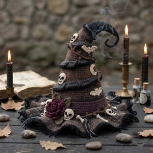 Peut inclure: Un chapeau de sorcière en crochet marron avec une pointe recourbée, orné de petits crânes blancs, de chauves-souris, d'un croissant de lune et d'une rose rouge foncé. Le chapeau a un large bord effiloché et des accents de brindilles et d'os.