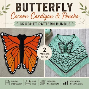 Butterfly Crochet Poncho Pattern PDF, Shell Lace Shawl Pattern, Butterfly Cocoon Cardigan Pattern, Boho Wrap Instant Download.