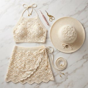 Könnte beinhalten: Ein cremefarbenes Häkel-Neckholder-Top und ein passender Wickelrock mit Muschelmuster, begleitet von einem breitkrempigen Strohhut mit floralem Häkeldetail, einer Metall-Häkelnadel und einer goldenen Stickschere in Storchenform.