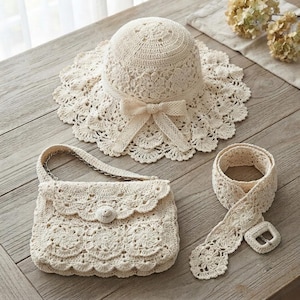 Puede incluir: Un conjunto de ganchillo color crema que consta de un sombrero de ala ancha con un lazo decorativo, un bolso rectangular con cierre de solapa y correa de cadena, y un cinturón a juego con hebilla cuadrada, todo con intrincados patrones florales.