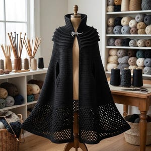 May include: A black crocheted cape with a high collar and a silver-toned metal clasp at the neckline. The garment features a solid stitch pattern on the upper section and a wide, open-work mesh border along the bottom hem, displayed on a mannequin.