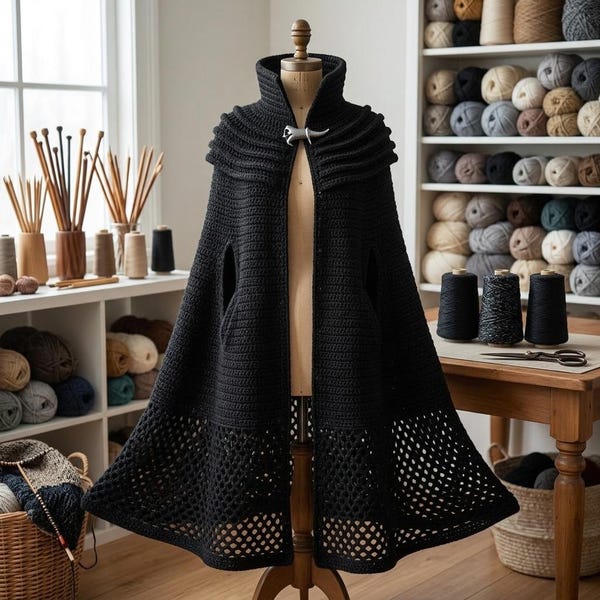 Gothic Crochet Cape Pattern PDF, Floor Length Black Cloak, High Collar Fantasy Wrap, Textured Yoke, Mesh Hem, Photo Guide Download.