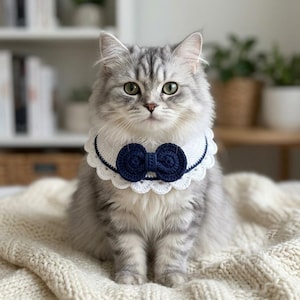 May include: A long-haired silver tabby cat wearing a white crocheted collar with a scalloped edge and a dark navy blue crocheted bow tie centered at the front. The collar features a thin navy blue trim detail along the inner neckline.