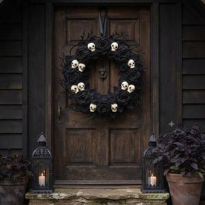 May include: A circular wreath composed of black fabric roses and small off-white skulls, suspended by a black ribbon. The wreath features numerous dark, textured floral elements interspersed with multiple miniature skull figures arranged around the ring.