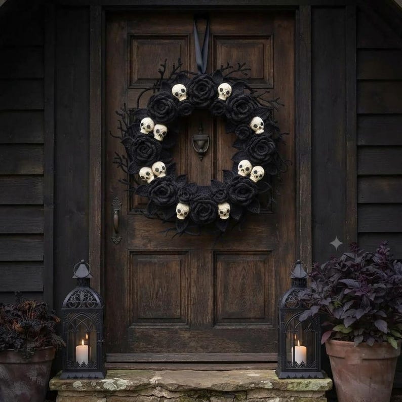 May include: A circular wreath composed of black fabric roses and small off-white skulls, suspended by a black ribbon. The wreath features numerous dark, textured floral elements interspersed with multiple miniature skull figures arranged around the ring.