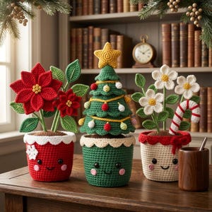 May include: Three crocheted potted plants with smiling faces. The left is a red poinsettia, the center is a green Christmas tree with a yellow star, and the right is a white flower arrangement with a red and white candy cane, all in yarn pots.