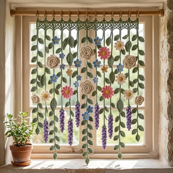 Crochet Floral Wall Hanging Pattern PDF, Botanical Flower Vine Decor, Boho Wall Art, Rose Daisy Leaf Crochet Pattern, Rose Daisy Flowers.