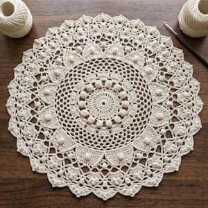 May include: A round, off-white crochet doily featuring an intricate, symmetrical pattern of concentric circles, delicate openwork mesh, and raised bobble stitches, accompanied by two balls of matching yarn and a single metal crochet hook.