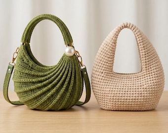 May include: Two crochet handbags. The left bag is olive green with a pleated texture, a single top handle, a large white pearl accent, and gold-tone hardware. The right bag is a beige, solid-colored crochet handbag with a rounded, open-top design.