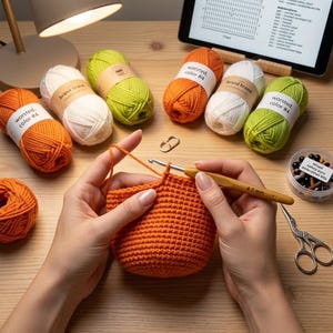 May include: A crochet project in progress using orange yarn and a 4.0 mm crochet hook. Surrounding the project are several skeins of worsted color #4 yarn in orange, white, and lime green, a metal stitch marker, scissors, and a container of safety eyes.