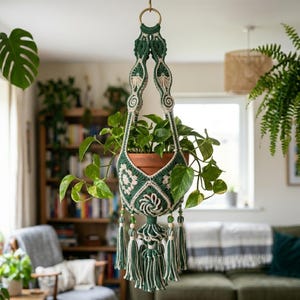 Boho bloemen plantenhanger haakpatroon pdf, haakpatroon hangende plantenbak, patroon plantenhouder, stapsgewijze handleiding.