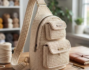 May include: A beige crochet sling backpack featuring a single wide shoulder strap, a main zippered compartment, and two front pockets with flap closures. Each pocket is adorned with a small rectangular metal tag labeled handmade.