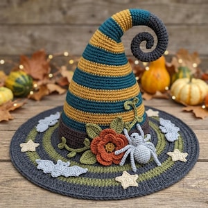 Virkat häxhattmönster i PDF-format, Halloweenhatt med böjd spets, häxdräkt med bred brätte, läskig virkad hatt, mönster för direkt digital nedladdning.