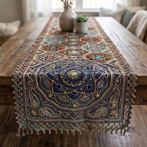 May include: A rectangular crochet table runner featuring a central dark blue mandala motif surrounded by geometric octagonal patterns in shades of rust, green, and purple. The edges are finished with a delicate scalloped border and small beads.
