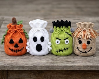Halloween Crochet Treat Bag Pattern PDF, Pumpkin Ghost Frankenstein Scarecrow Drawstring Bag Crochet Pattern, Candy Bag Tutorial