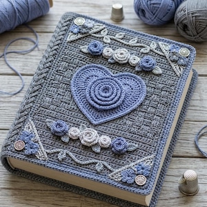 Pode incluir: Uma capa de livro retangular com um padrão de crochê cinza texturizado e um motivo central de coração feito de círculos concêntricos. A capa é decorada com detalhes florais de crochê em azul claro e branco, vinhas com folhas e quatro pequenos botões de metal prateado.