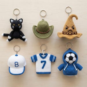 Crochet Keychain Pattern Bundle PDF, Amigurumi Keychain Crochet Patterns, Mini Hat Cat Jersey Soccer Ball, Digital Download, Steps image.