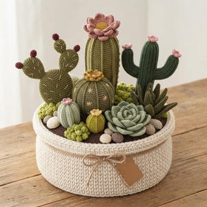 Op de afbeelding: Een verzameling van diverse gehaakte cactussen en vetplanten in tinten groen, olijf en salie, voorzien van kleine roze en gele bloemen, gerangschikt in een ronde, crèmekleurige gehaakte mand met een dun touwtje en een leeg label eraan vast.