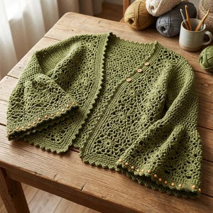 Peut inclure: Un cardigan en crochet vert olive présentant un motif floral complexe, des manches longues évasées et une fermeture à trois petits boutons en bois. Les poignets des manches sont ornés d'une rangée de petites perles en bois clair.
