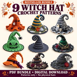 May include: A digital bundle of 9 witch hat crochet patterns featuring various designs including orange, green, grey, and brown hats decorated with skulls, spiders, webs, flowers, and ribbons. The text reads Bestseller Bundle 9 Witch Hat Crochet Patterns PDF Bundle Digital Download Patterns only No physical hats.