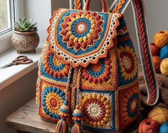 Crochet Floral Backpack Pattern PDF, Granny Square Bag, Drawstring Backpack, Mandala Bag, Boho Crochet Bag Pattern, Boho Bag Pattern.