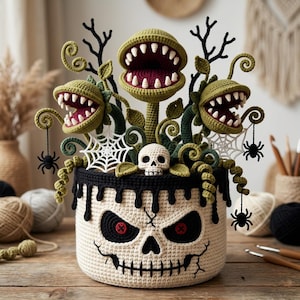 May include: A crocheted basket featuring a skull face with black eye sockets and a stitched mouth, topped with three green carnivorous plants with white teeth, black spider webs, small black spiders, and a small white skull.