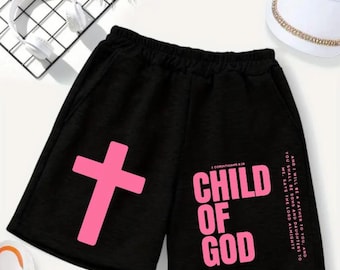 Boy's Graphic Shorts – Child of God Cross Print, Elastic Waist Casual Wear