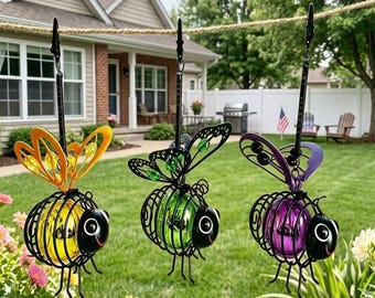 Solar Hanging Garden Lights, Metal Bee Tree Decor, Glow in the Dark Insect Ornaments, Outdoor Patio Yard Art, Waterproof Solar Bug Lanterns