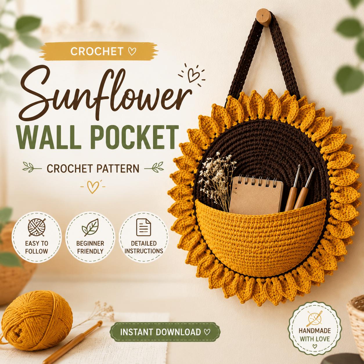 30 Bat Crochet Patterns for Halloween Decor, Gifts, and Spooky-Cute Amigurumi 8 Sunflower Wall Pocket Crochet Pattern