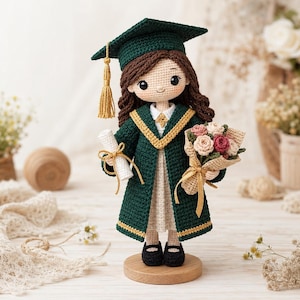 May include: A crochet doll dressed in a dark green graduation gown with gold trim, a matching mortarboard with a gold tassel, and black shoes. The doll has brown hair, holds a white diploma tied with a gold ribbon, and carries a bouquet of flowers.