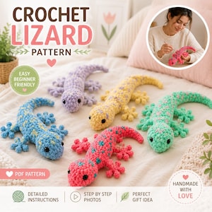 May include: Four crocheted lizard toys in blue, purple, yellow, and pink with speckled patterns and black eyes. The image includes text reading CROCHET LIZARD PATTERN, EASY BEGINNER FRIENDLY, PDF PATTERN, DETAILED INSTRUCTIONS, and HANDMADE WITH LOVE.