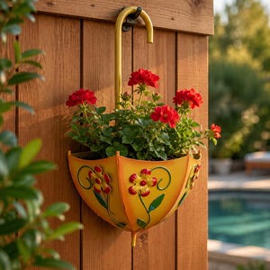 Hanging Umbrella Planter, Painted Metal Flower Pot, Floral Cottagecore Garden Decor