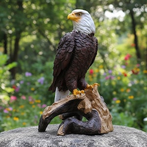 Può includere: Una statuetta di aquila calva con testa bianca, piume marrone scuro e becco giallo, appollaiata su una base a forma di ramo d'albero marrone testurizzato. L'aquila è raffigurata in posizione eretta con la testa girata di lato, mostrando il piumaggio.