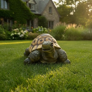 May include: A tortoise garden statue featuring a textured, dark green body and a detailed, multi-toned brown and tan patterned shell. The sculpture is positioned on a green lawn, showcasing a realistic appearance with intricate scales on the limbs and a defined head with visible eyes and a mouth.
