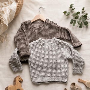 Può includere: Due maglioni in maglia a maniche lunghe con una trama a nido d'ape. Il maglione superiore è di un colore marrone medio uniforme, mentre quello inferiore è grigio chiaro con piccole macchie scure. Entrambi hanno girocollo e polsini a coste.