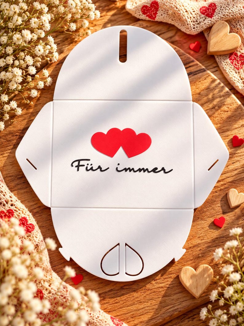 May include: A white, flat-packed cardboard gift box with a die-cut oval shape. The center features two red hearts and the black text "F&uuml;r immer". The box has pre-scored folding lines and a small slot at the top for assembly.