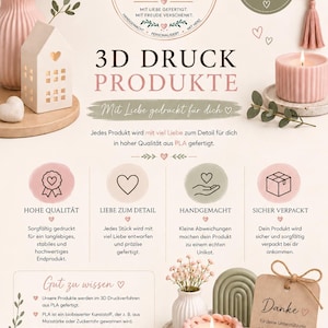 May include: A promotional graphic for 3D printed products featuring the brand name Herzensk&auml;fer, a ladybug logo, and text detailing quality, handmade production, and PLA material. The layout includes icons, decorative hearts, and product photos.