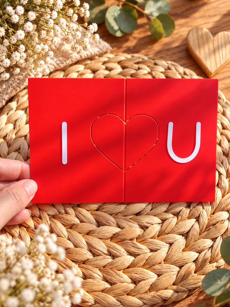 May include: A rectangular red greeting card featuring the white text I and U separated by a central heart shape. The card is divided into two vertical panels that meet in the middle, forming a complete heart graphic when placed together.