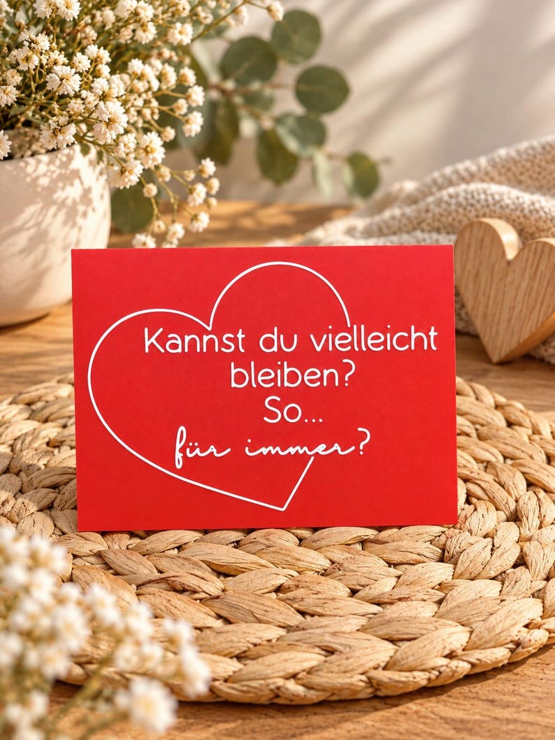 May include: A rectangular red greeting card featuring a white outline of a heart and the German text: Kannst du vielleicht bleiben? So... f&uuml;r immer? The card is positioned on a round woven straw mat.