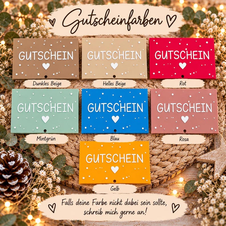 Peut inclure: Sept cartes cadeaux rectangulaires en beige fonc&eacute;, beige clair, rouge, vert menthe, bleu, rose et jaune. Chaque carte pr&eacute;sente le texte blanc GUTSCHEIN, une ic&ocirc;ne de c&oelig;ur blanc et de petits points blancs. Les cartes sont dispos&eacute;es en grille.