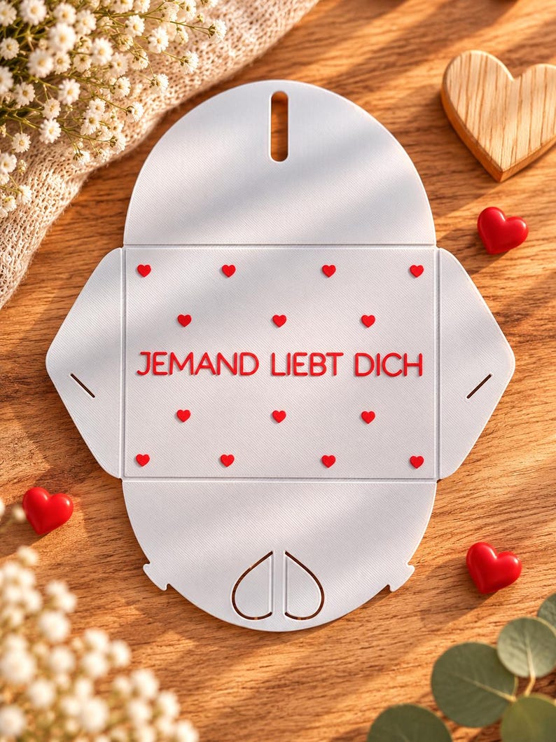 May include: A white, flat, die-cut paper envelope template featuring a repeating pattern of small red hearts and the red text JEMAND LIEBT DICH centered on the front panel. The design includes a heart-shaped cutout at the bottom flap.