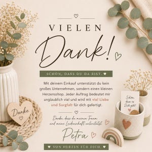 May include: A thank you card with German text featuring the words VIELEN Dank, SCH&Ouml;N, DASS DU DA BIST, and VON HERZEN F&Uuml;R DICH. The card is decorated with illustrations of dried flowers, a small wooden heart, and a ceramic cup with a heart.