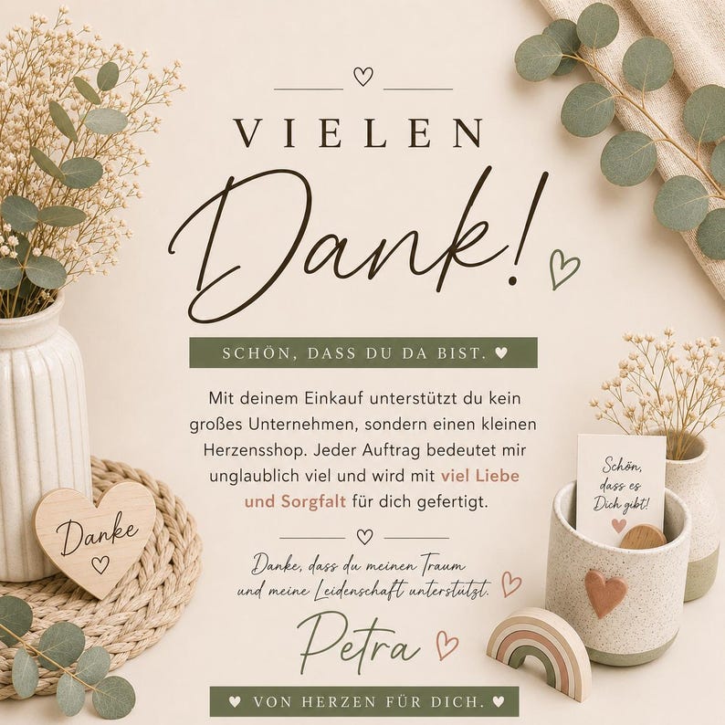 May include: A thank you card with German text featuring the words VIELEN Dank, SCH&Ouml;N, DASS DU DA BIST, and VON HERZEN F&Uuml;R DICH. The card is decorated with illustrations of dried flowers, a small wooden heart, and a ceramic cup with a heart.