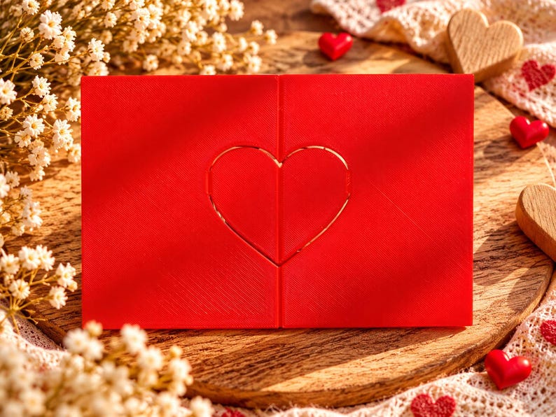 May include: A rectangular red greeting card featuring a centered heart outline formed by two halves that meet in the middle. The card has a textured surface and is positioned horizontally, displaying a clean, minimalist design with a vibrant red finish.