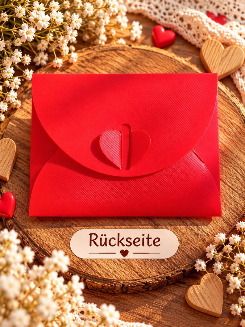 May include: A bright red envelope featuring a heart-shaped closure tab on the front flap. Below the envelope, a small white rectangular label displays the text "R&uuml;ckseite" with a small heart icon centered between two horizontal lines.