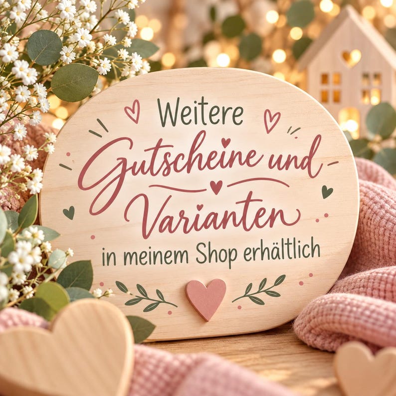 May include: A light-colored oval wooden sign featuring the German text "Weitere Gutscheine und Varianten in meinem Shop erh&auml;ltlich" in dark script and print. The sign is decorated with small painted hearts, leaves, and a central wooden heart.