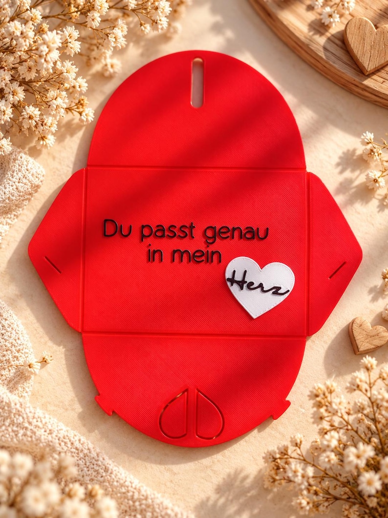 May include: A bright red, flat-packed envelope made of a textured material. The front features the black text 'Du passt genau in mein' and a white heart-shaped cutout with the black script word 'Herz' attached to the center.