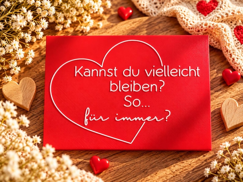 May include: A rectangular red sign featuring a white outline of a heart and the German text: Kannst du vielleicht bleiben? So... f&uuml;r immer? The sign is surrounded by small white flowers, wooden heart cutouts, and red heart accents.
