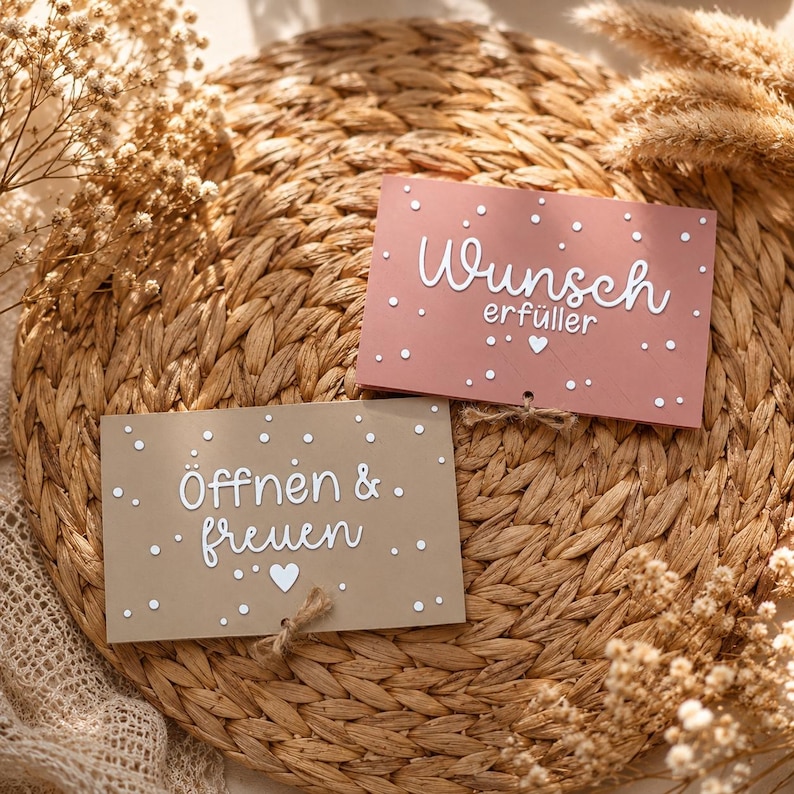 Peut inclure: Deux cartes rectangulaires avec du texte et des points blancs. La carte sup&eacute;rieure est rose poudr&eacute; avec le texte "Wunsch erf&uuml;ller" et un c&oelig;ur. La carte inf&eacute;rieure est beige avec le texte "&Ouml;ffnen & freuen" et un c&oelig;ur. Les deux ont de la ficelle.