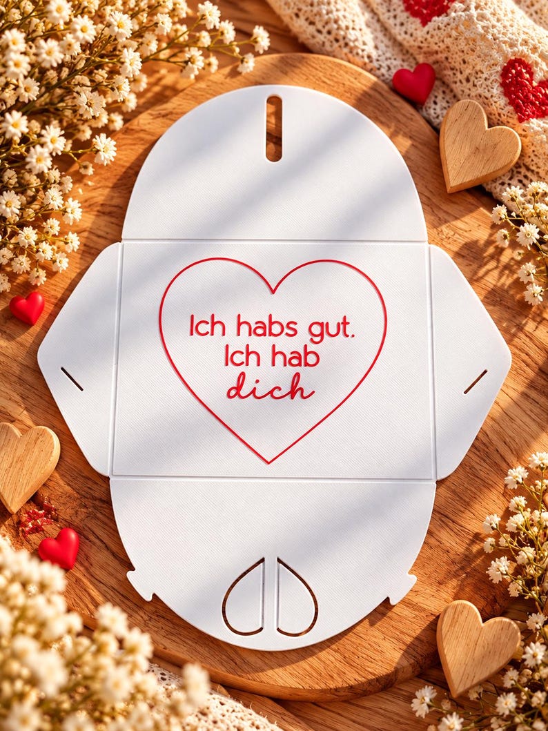 May include: A white flat-pack paper envelope with a die-cut heart shape in the center. The red text inside the heart reads, "Ich habs gut. Ich hab dich." The envelope features rounded flaps and a small heart-shaped cutout at the bottom.